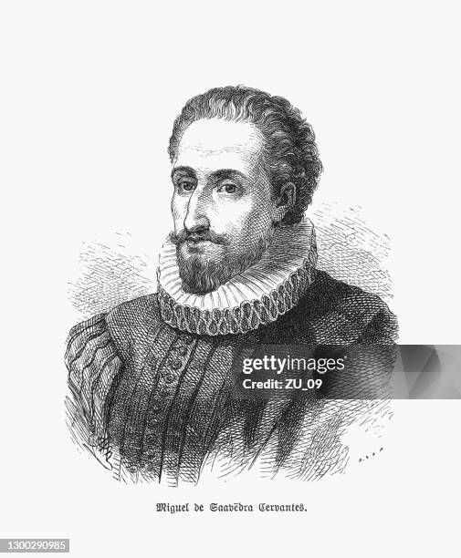 ilustraciones, imágenes clip art, dibujos animados e iconos de stock de miguel de cervantes saavedra (1547-1616), escritor español, xilografía, publicado en 1893 - don quijote de la mancha