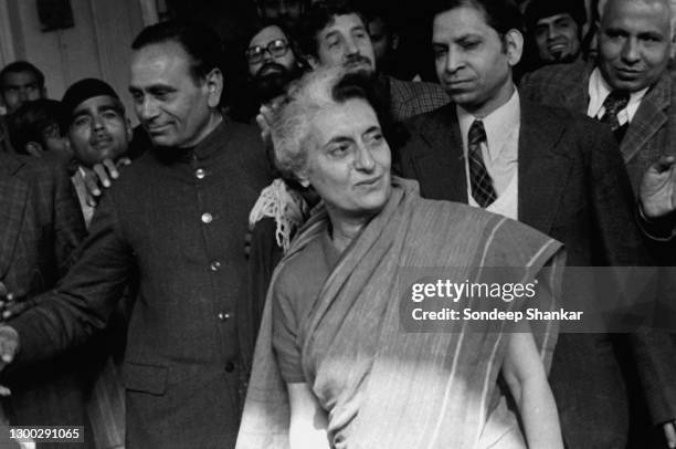 Congress leader Indira Gandhi coming out of Shah Commision of Inquiry at Patiala House in New Delhi, January 19, 1978. The one-man Shah Commission...