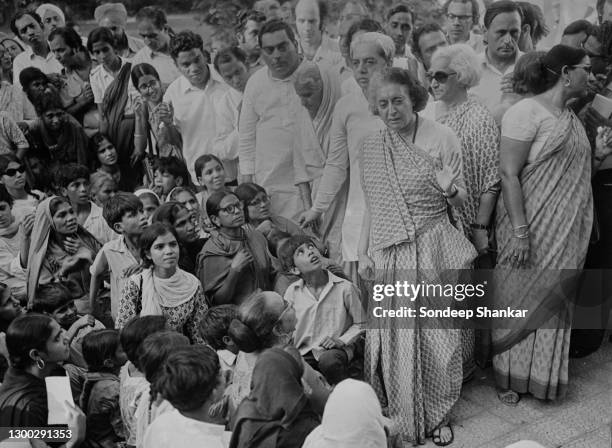 Prime Minister Indira Gandhi at a women's rally outside her residence in New Delhi on June 19, 1975. The women had come to show their solidarity...