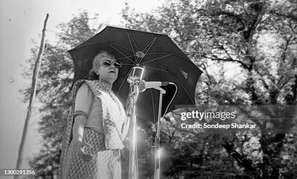 Prime Minister Indira Gandhi addressing a women's rally outside her residence in New Delhi on June 19, 1975. The women had come to show their...