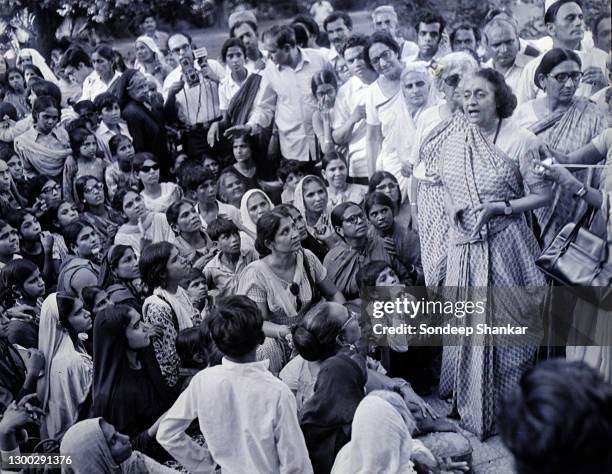 Prime Minister Indira Gandhi addressing a women's rally outside her residence in New Delhi on June 19, 1975. The women had come to show their...