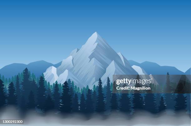 mountain landscape with forest - dramatic sunset clouds stock illustrations