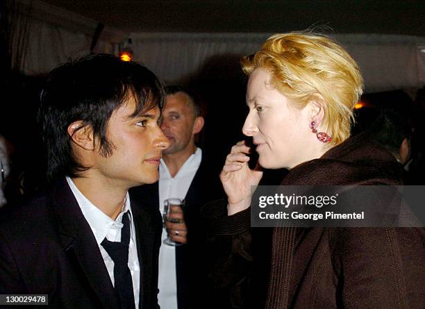 Gael Garcia Bernal and Tilda Swinton during 2004 Cannes Film Festival -"Motorcycle Diaries" - Party at La Plage Coste in Cannes, France.