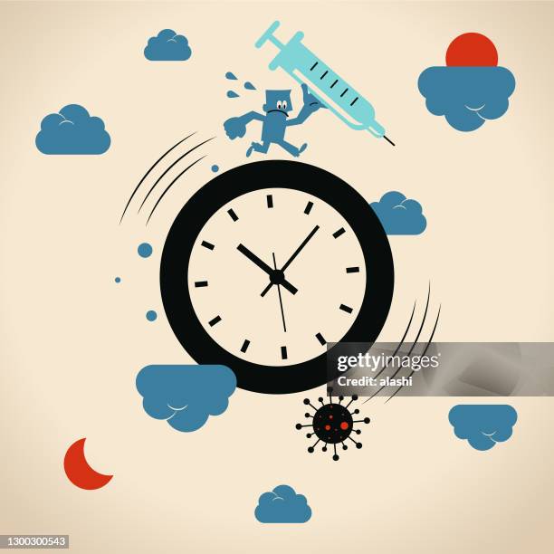 ilustraciones, imágenes clip art, dibujos animados e iconos de stock de hombre azul que lleva una jeringa de vacuna grande que corre alrededor de un gran reloj luchando contra la enfermedad del coronavirus (covid-19, virus de la gripe) - corona sun