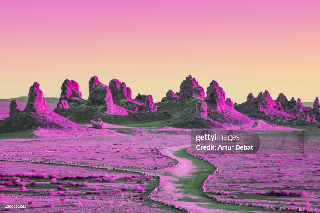 Dreamy picture of colorful rock formations in California with saturated colors.