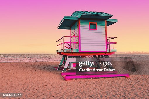 Dreamlike picture of colorful lifeguard cabin in the Miami beach at sunset. Dreamlike picture of colorful lifeguard cabin in the Miami beach at sunset.