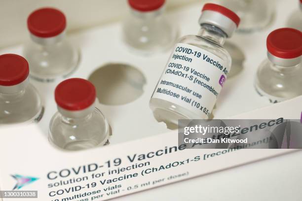 Photo illustration of the AstraZeneca COVID-19 vaccine at Copes pharmacy in Streatham on February 04, 2021 in London, England. A current...
