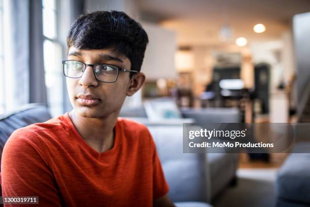 portrait of teenage boy at home - indian boy portrait stockfoto's en -beelden