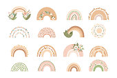 Collection cute rainbows with flowers in pastel colors isolated on white background for kids. Illustration in hand drawn style for posters, prints, cards, fabric, children's books. Vector