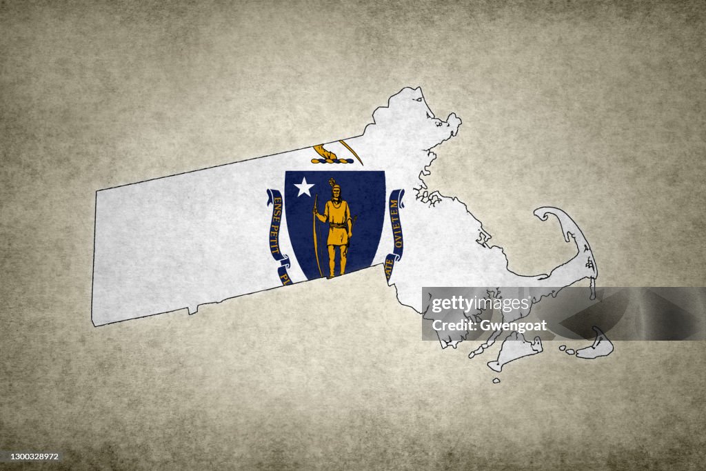 De kaart van Grunge van de staat Van Massachusetts met zijn vlag die binnen wordt gedrukt