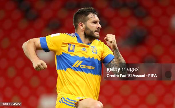 Andre-Pierre Gignac of Tigres UANL celebrates after scoring their sides second goal from the penalty spot during the FIFA Club World Cup Qatar 2020...