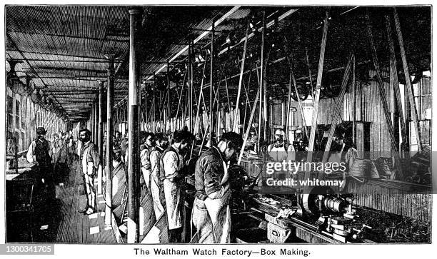 box-making in the waltham watch factory, usa - factory worker stock illustrations