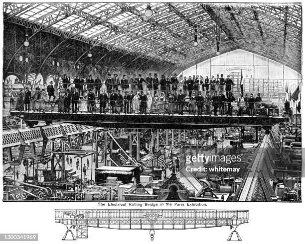 the electrical rolling bridge viewing gallery in the 1889 paris exposition - world's fair stock illustrations