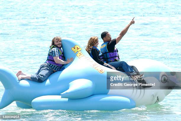 Will Smith, Angelina Jolie and Jack Black during 2004 Cannes Film Festival - "Shark Tale" - Photocall at Carlton Beach Pier in Cannes, France.