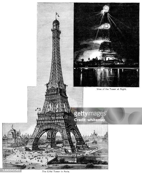 bildbanksillustrationer, clip art samt tecknat material och ikoner med eiffeltornet i paris, på dagen och på natten - världsutställningen 1889