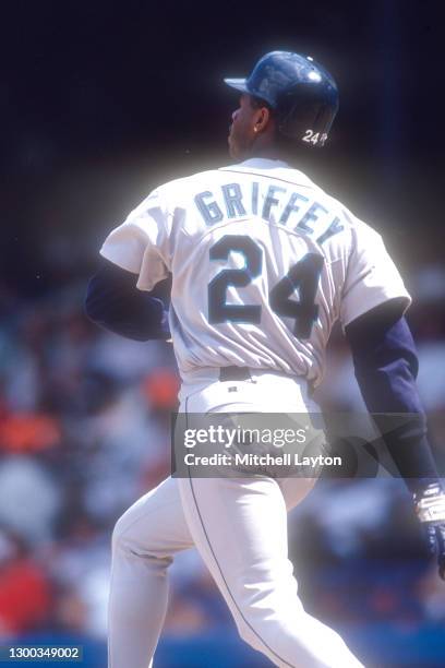 Ken Griffey Jr. #24 of the Seattle Mariners takes a swing during a baseball game against the Milwaukee Brewers on September 1, 1993 at Milwaukee...