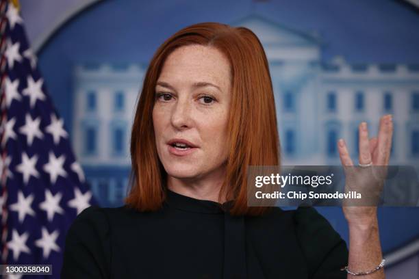 White House Press Secretary Jen Psaki talks to reporters during the daily press conference in the Brady Press Briefing Room at the White House...