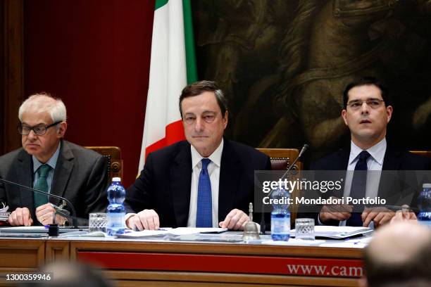 The President of the European Central Bank Mario Draghi speaks to the Finance, Budget and EU Policies Commissions of the Chamber in the Sala del...