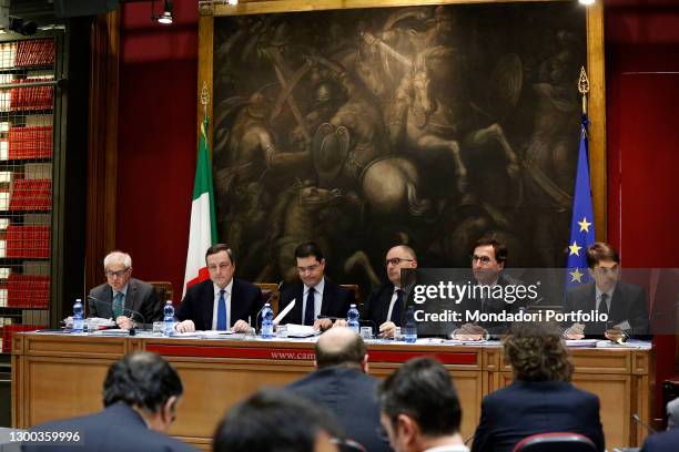 The President of the European Central Bank Mario Draghi speaks to the Finance, Budget and EU Policies Commissions of the Chamber in the Sala del...