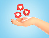 3D illustration of cartoon human hand and like heart icons on a red pins flying around over palm. Social media concept, web icon, like notifications on blue background.