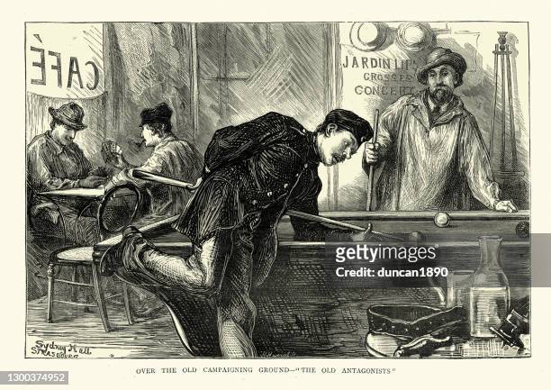 men playing billiards and cards in french cafe, cue behind the back shot, victorian - snooker and pool stock illustrations