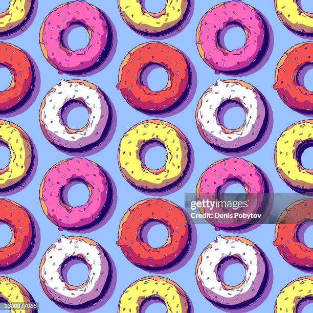 drawn vector seamless illustration - donuts with fondant and sprinkles. - vanilla cake stock illustrations