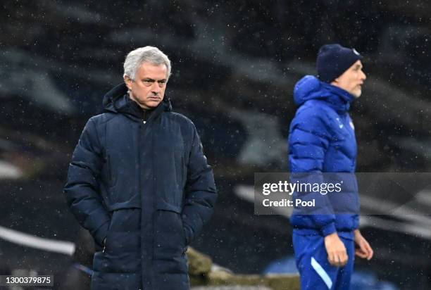 Jose Mourinho, Manager of Tottenham Hotspur looks on during the Premier League match between Tottenham Hotspur and Chelsea at Tottenham Hotspur...