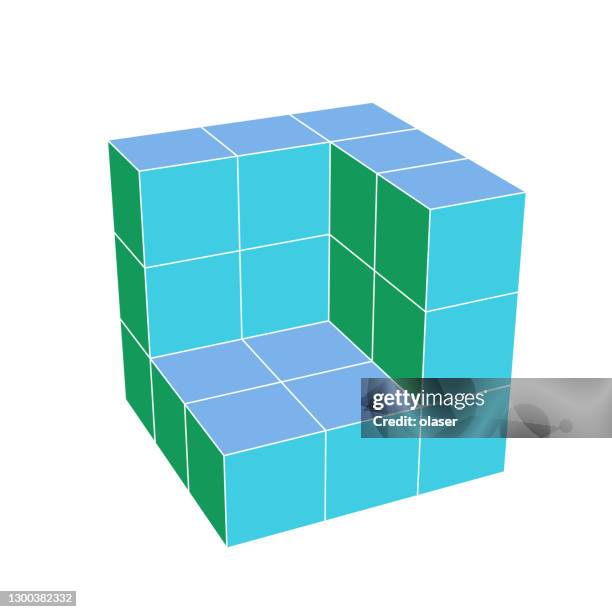 3d render of 3x3x3 = 19 solid cubes with different colored faces, forming wall shape. with perspective. - many faces grid stock illustrations