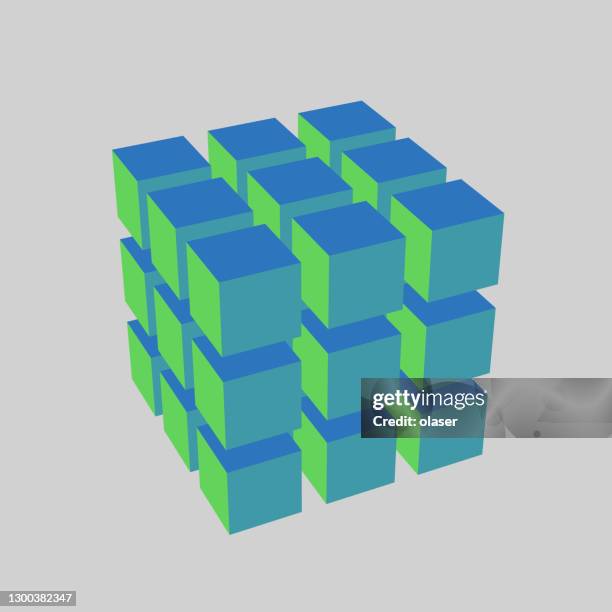 3d render of 3x3x3 = 27 solid cubes with different colored faces with gaps and perspective. - mural stock illustrations