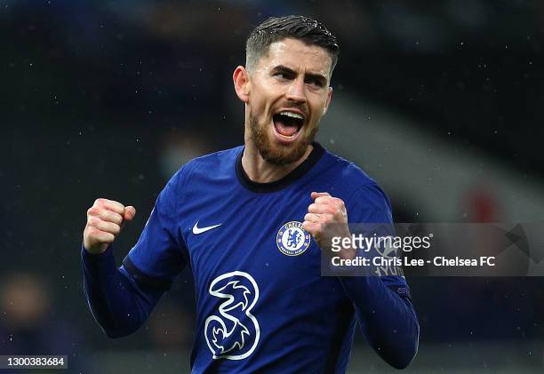 Jorginho of Chelsea celebrates after scoring their team's first goal during the Premier League match between Tottenham Hotspur and Chelsea at...