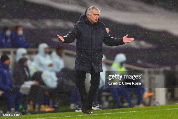 Jose Mourinho, Manager of Tottenham Hotspur reacts during the Premier League match between Tottenham Hotspur and Chelsea at Tottenham Hotspur Stadium...