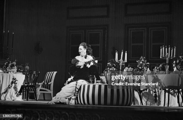 Spanish operatic soprano Montserrat Caballé appears as Violetta in the Verdi opera 'La Traviata' at the Royal Opera House in Covent Garden, London,...