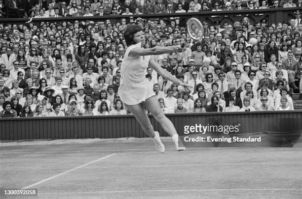American tennis player Billie Jean King during the 1972 Wimbledon Championships in London, UK, July 1972.
