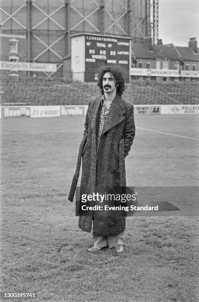 American singer, songwriter and guitarist Frank Zappa at the Oval cricket ground in London to perform in the Rock at the Oval concert, UK, 16th...