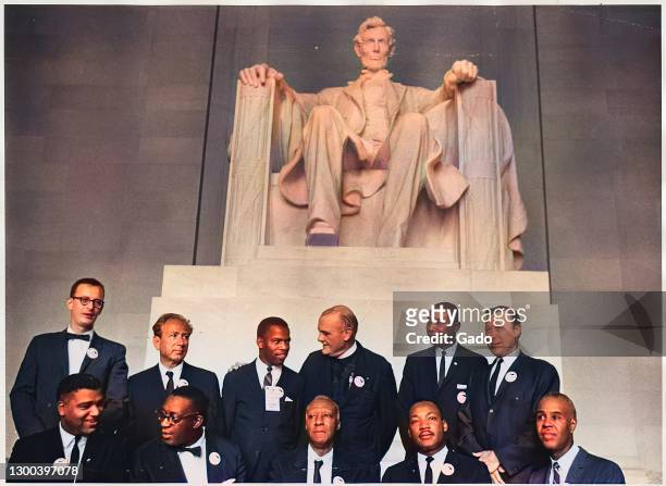 Portrait of organizers of the March on Washington at the Lincoln Memorial in Washington, DC, including director of the National Catholic Conference...