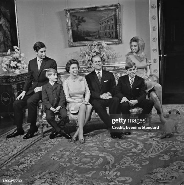 Queen Elizabeth II and Prince Philip, the Duke of Edinburgh with their children Prince Charles, Prince Edward, Prince Andrew and Princess Anne on...