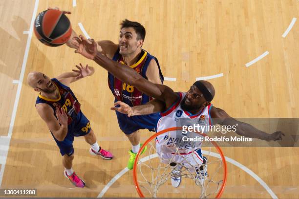 Pierre Oriola, #18 of FC Barcelona competes with during the 2020/2021 Turkish Airlines EuroLeague Regular Season Round 24 match between FC Barcelona...
