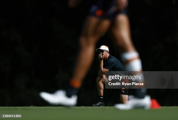 Leon Cameron, coach of the Giants, looks on during a Greater Western Sydney Giants AFL training session at Tom Wills Oval on February 05, 2021 in...