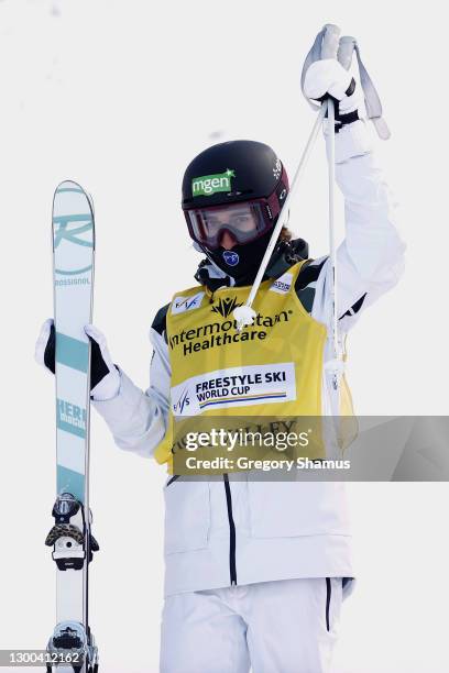 Perrine Laffont of France celebrates winning the Woman's Mogul Finals during the 2021 Intermountain Healthcare Freestyle International Ski World Cup...