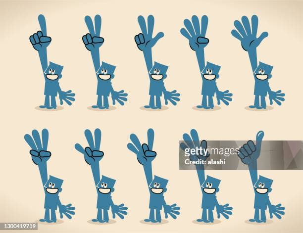 bildbanksillustrationer, clip art samt tecknat material och ikoner med blue man räknar från 1 till 10 på fingrarna i amerikanskt teckenspråk - first grader