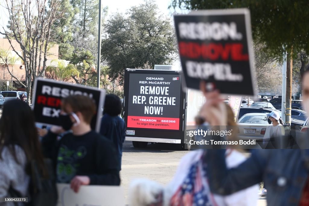 MoveOn Mobile Billboard And Protest At Rep. Kevin McCarthy's Bakersfield Office Demanding Removal Of Rep. Marjorie Taylor Greene From House Committee On Education And Labor