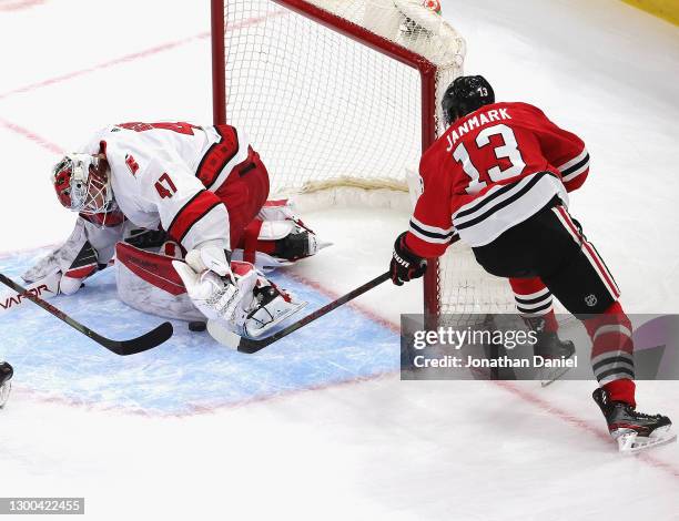 James Reimer of the Carolina Hurricanes makes a save against Mattias Janmark of the Chicago Blackhawks at the United Center on February 04, 2021 in...