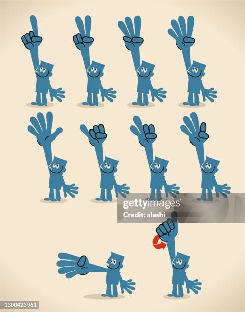 blauer mann zählt von 1 bis 10 auf seinen fingern in britischer gebärdensprache - kleiner finger stock-grafiken, -clipart, -cartoons und -symbole