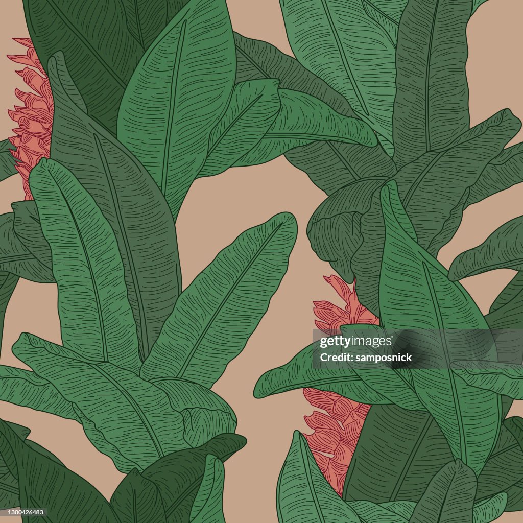 Martinique Inspired Seamless Banana Leaf Pattern Wallpaper