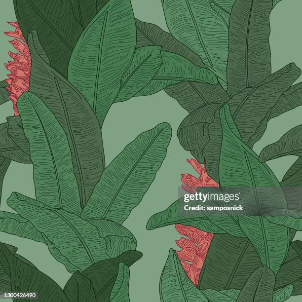 martinique inspired seamless banana leaf pattern wallpaper - banana leaves stock illustrations