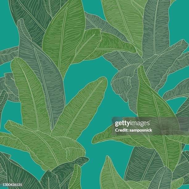 martinique inspired seamless banana leaf pattern wallpaper - martinique background stock illustrations