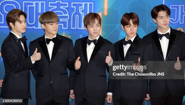 Suho, Chen, Xiumin, Baekhyun, Sehun of EXO attends the 2018 KBS Song Festival at KBS New Public Hall on December 28, 2018 in Seoul, South Korea.