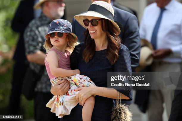 To Prime Minister Jacinda Ardern arrrives a the Waitangi Treaty Grounds with daughter Neve attend Beat the Retreat with the NZ Navy on February 05,...