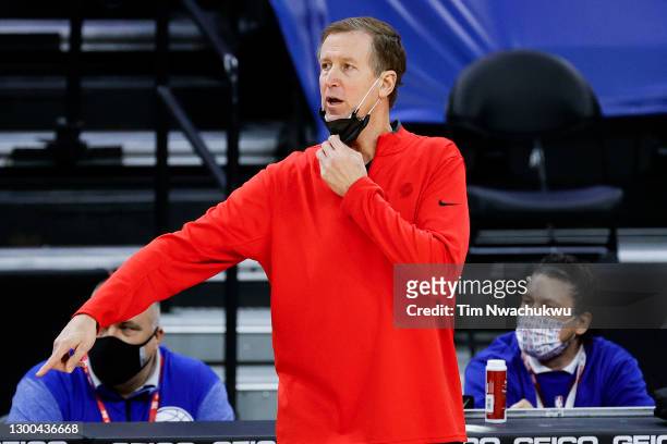 Head coach Terry Stotts of the Portland Trail Blazers calls to players during the first quarter against the Philadelphia 76ers at Wells Fargo Center...
