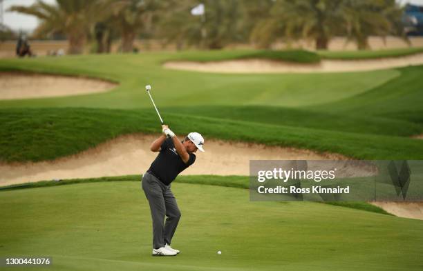 Graeme McDowell of Northern Ireland plays his second shot on the 14th hole during Day Two of the Saudi International powered by SoftBank Investment...
